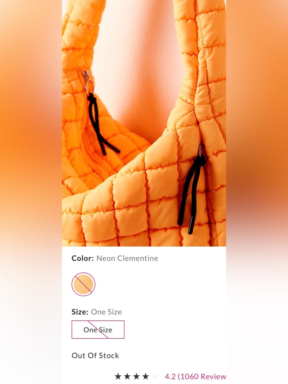Free People Movement ~ Quilted Carryall Bag ~ Neon Clementine ~ NWT*** - Picture 6 of 9